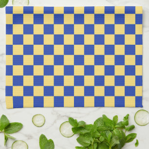 Botergeel en blauw geruit bordpatroon theedoek