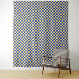 Botergeel en blauw geruit bordpatroon wandkleed