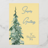 Botergeel & Groene Waterverf Kerstboom Folie Feestdagenkaart (Voorkant)