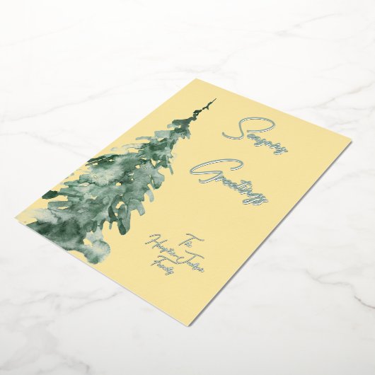 Botergeel & Groene Waterverf Kerstboom Folie Feestdagenkaart (Gedraaid)