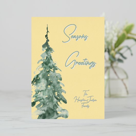 Botergeel & Groene Waterverf Kerstboom Folie Feestdagenkaart (Staand Voorkant)