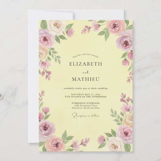 Boterkleurige Mauve Bloemblad Bruiloft Kaart (Voorkant)