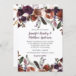 Boterrum Aubergine Paarse Rozen Boho bruiloft Kaart