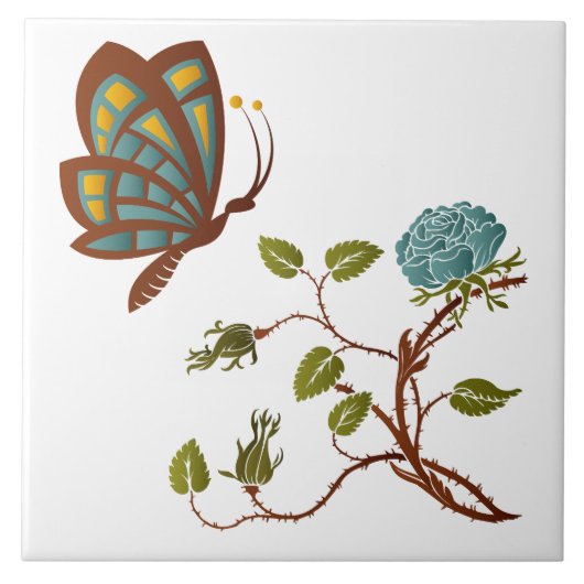 Botervlieg en blauw Roos Tegeltje (Voorkant)