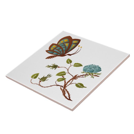 Botervlieg en blauw Roos Tegeltje (Zijkant)