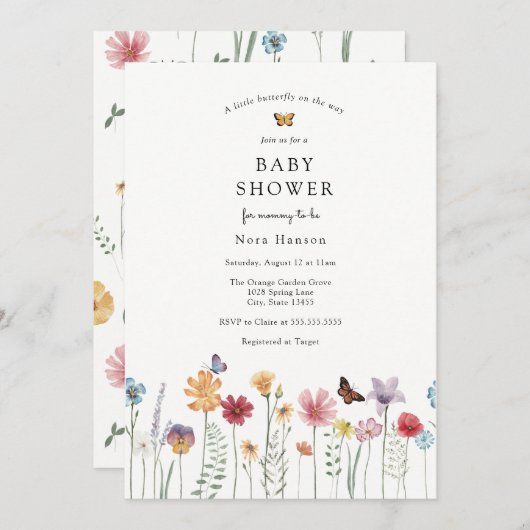 Botervlieg en bloemen Baby shower van wilde bloeme Kaart (Voorkant / Achterkant)