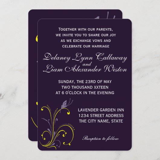 Botervlieg en Floral Paars en geel huwelijk Kaart (Voorkant / Achterkant)