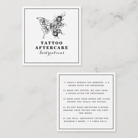 Botervlieg en veren Tattoo nazorginstructies Vierkante Visitekaartje (Voorkant / Achterkant)