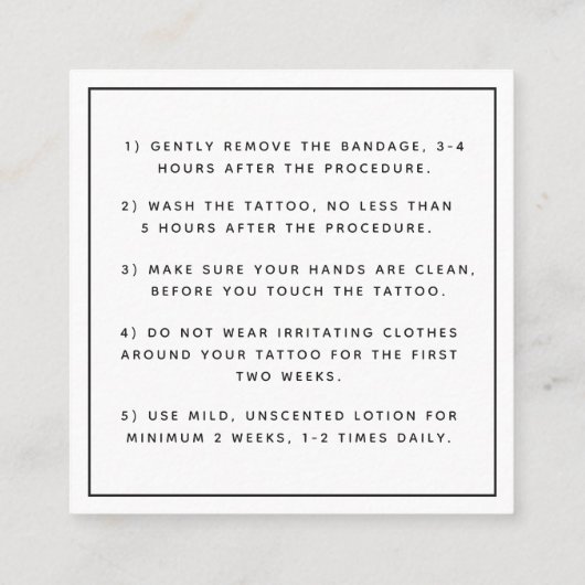 Botervlieg en veren Tattoo nazorginstructies Vierkante Visitekaartje (Achterkant)