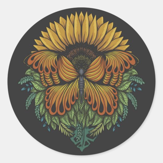 Botervlieg en zonnebloem ronde sticker (Voorkant)