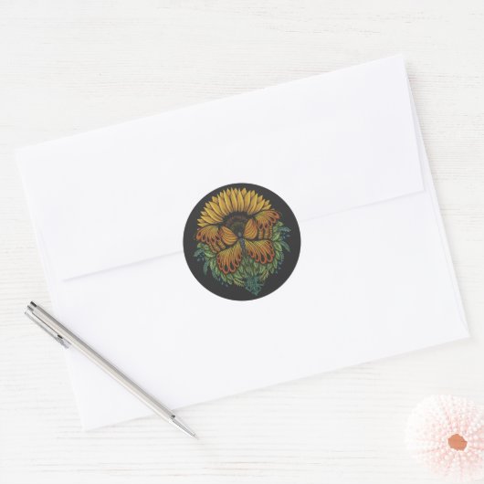 Botervlieg en zonnebloem ronde sticker (Envelop)