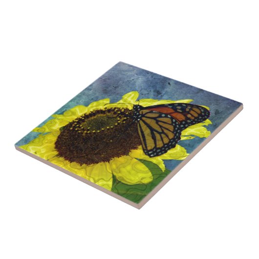 Botervlieg en zonnebloemblauw achtergrond tegeltje (Zijkant)