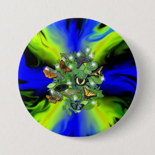 Botervlieg op blauwe groene regenboog met sterren, ronde button 7,6 cm