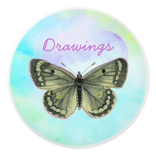 Botervlieg op blauwgroen groene paarse douanenaam keramische knop (Voorkant)