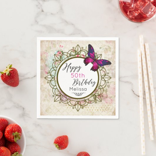 Botervlieg op een Shabby  collage Birthday Servetten (Insitu)