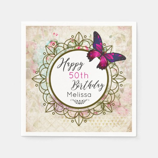 Botervlieg op een Shabby  collage Birthday Servetten (Voorkant)