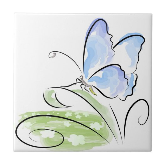 Botervlieg op gras over bloemveld tegeltje (Voorkant)