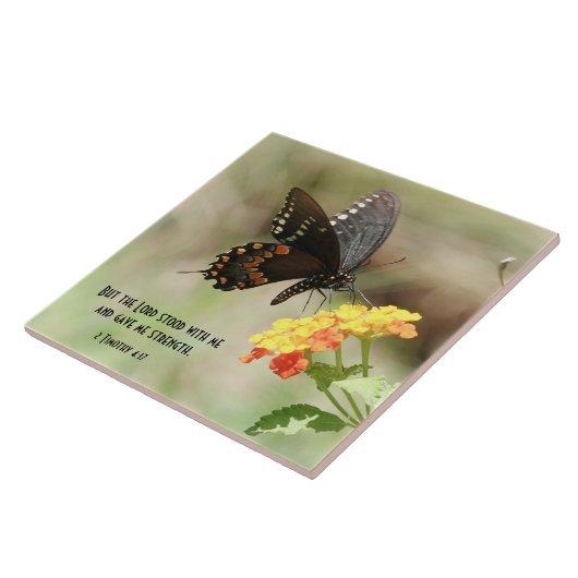 Botervlieg op wilde bloemen met scriptversie tegeltje (Zijkant)