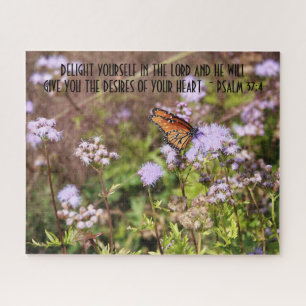 Botervlieg op wilde bloemen met vers van Psalm 37: Legpuzzel