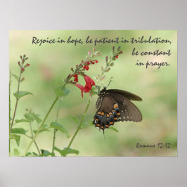 Botervlieg op wilde bloemen, Verse Romans 12:12 Poster