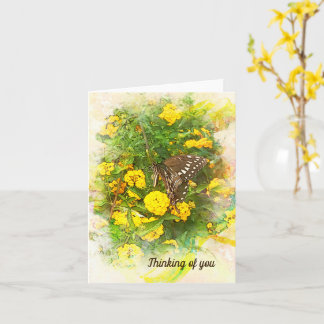 Botervlieg tegen gele bloemen kaart