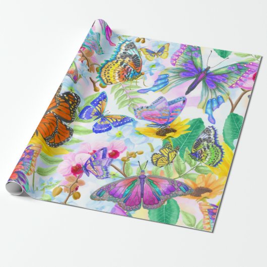 Botervliegen en bloemen cadeaupapier (Uitgerold)