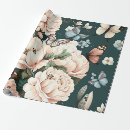 Botervliegen en bloemen cadeaupapier (Uitgerold)