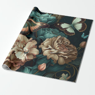 Botervliegen en bloemen, donkerklassiek ontwerp cadeaupapier
