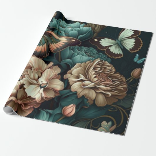 Botervliegen en bloemen, donkerklassiek ontwerp cadeaupapier (Uitgerold)