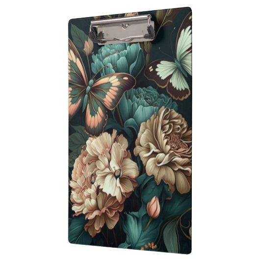 Botervliegen en bloemen, donkerklassiek ontwerp klembord (Links)