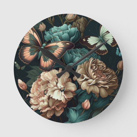 Botervliegen en bloemen, donkerklassiek ontwerp ronde klok (Voorkant)