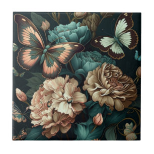 Botervliegen en bloemen, donkerklassiek ontwerp tegeltje