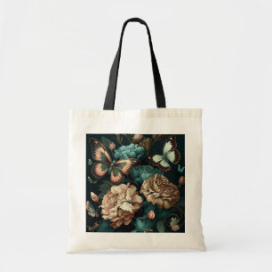 Botervliegen en bloemen, donkerklassiek ontwerp tote bag