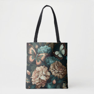 Botervliegen en bloemen, donkerklassiek ontwerp tote bag