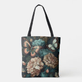 Botervliegen en bloemen, donkerklassiek ontwerp tote bag (Achterkant)