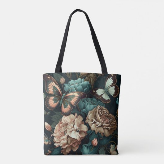 Botervliegen en bloemen, donkerklassiek ontwerp tote bag (Achterkant)