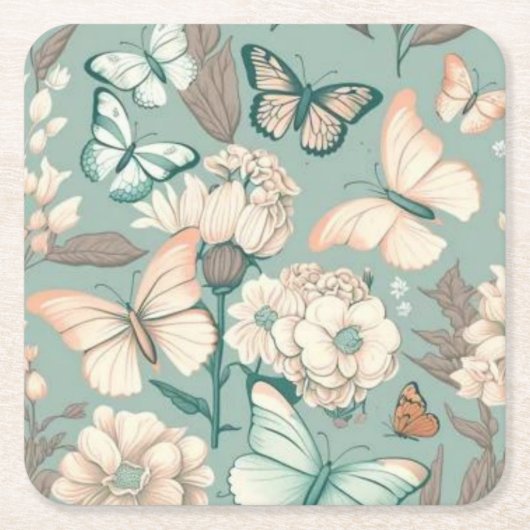 Botervliegen en bloemen lichtgroen decor kartonnen onderzetters (Voorkant)