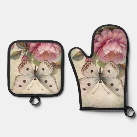 Botervliegen en bloemen ovenwant & pannenlap set (Voorkant)