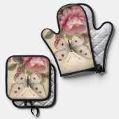 Botervliegen en bloemen ovenwant & pannenlap set (Voorkant / Achterkant)