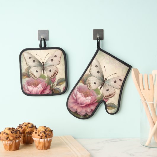 Botervliegen en bloemen ovenwant & pannenlap set (Insitu(Ophanging))