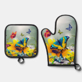 Botervliegen en bloemen ovenwant & pannenlap set (Voorkant)