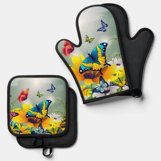 Botervliegen en bloemen ovenwant & pannenlap set (Voorkant / Achterkant)