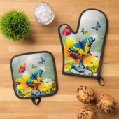 Botervliegen en bloemen ovenwant & pannenlap set (Top down)
