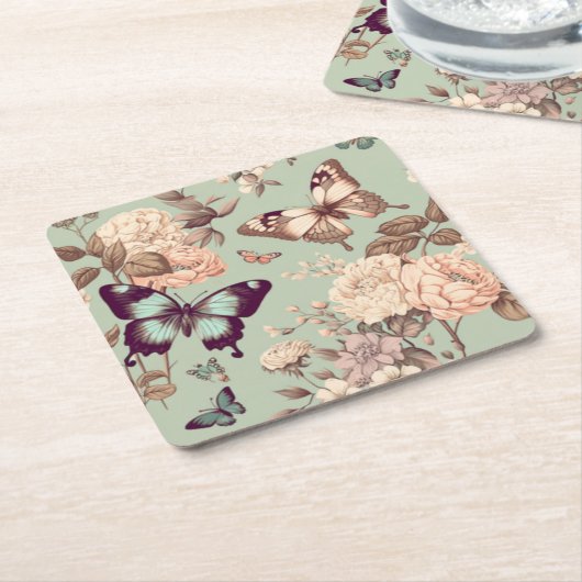 Botervliegen en bloemen pastelgroen kartonnen onderzetters (Schuin)