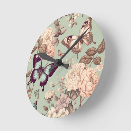 Botervliegen en bloemen pastelgroen ronde klok (Hoek)