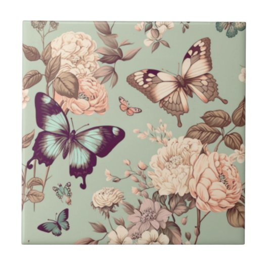 Botervliegen en bloemen pastelgroen tegeltje (Voorkant)