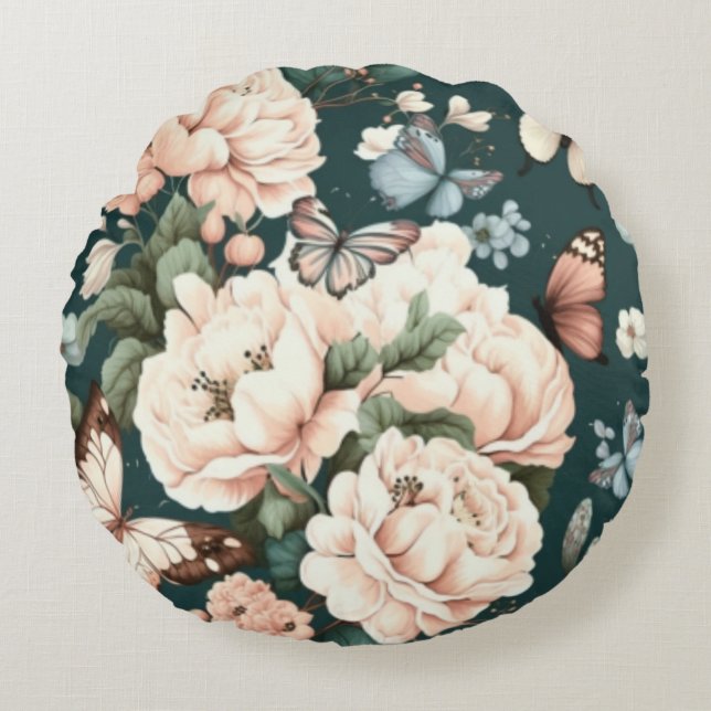 Botervliegen en bloemen rond kussen (Voorkant)