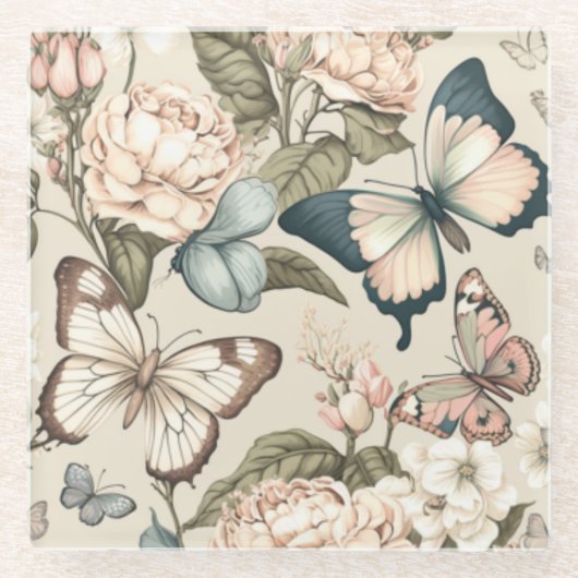 Botervliegen en bloespastel glazen onderzetter (Voorkant)