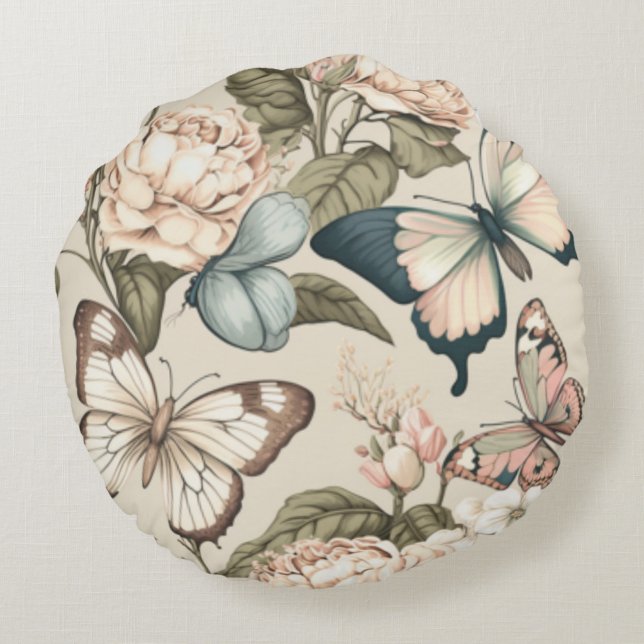 Botervliegen en bloespastel rond kussen (Achterkant)