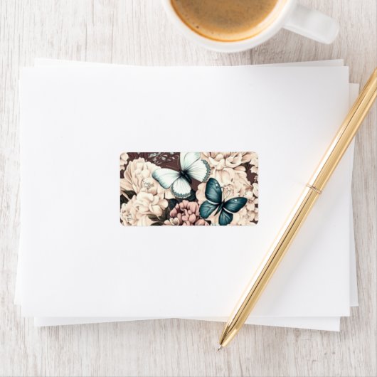 Botervliegen en bruine bloemen etiket (Insitu)